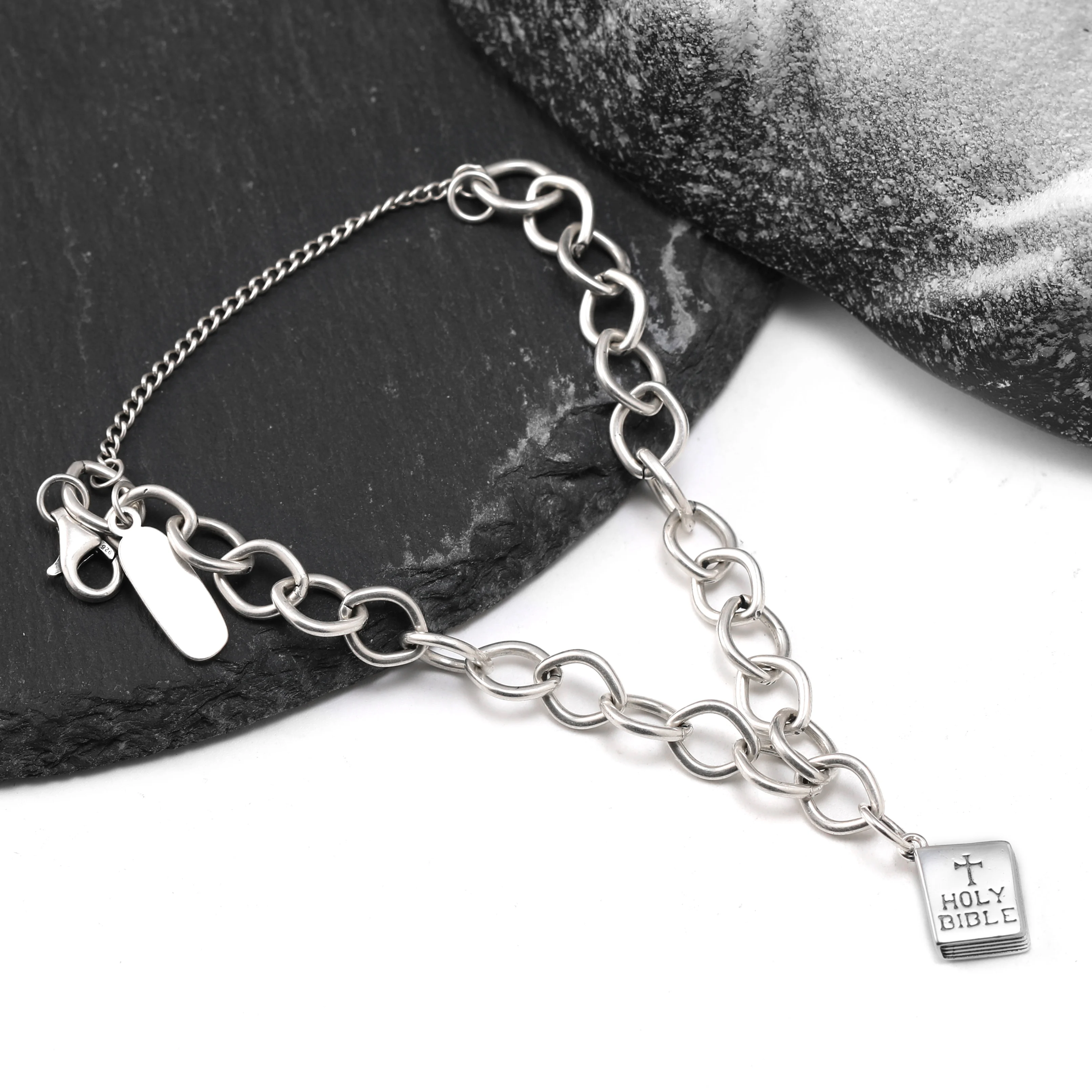 

Genuine 925 sterling silver James Avery Forged Link Charm Bracelet paired with The Bible pendant