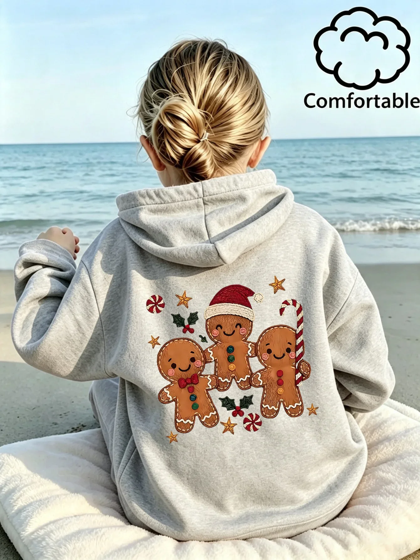 Girls Pink Christmas Gingerbread Printed Hoodie Teen Cute Santa Hat Graphic Sweatshirt Festive Casual Loose Winter Tops