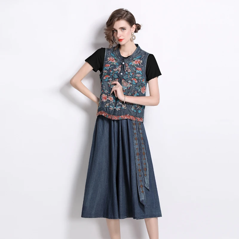 

New Chinese Summer Denim 3 Piece Set For Women Embroidery Flower Sleeveless Tank Tops + Cotton T-Shirt +Elastic Waist Skirt Suit