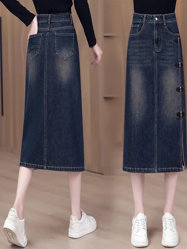 Retro High Waist Fleece Lined Thick Denim Skirt Women's A-Line Midi Skirt Spring Summer Autumn Winter New Arrival