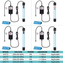 Timer Button 220V Submersible UV Light,  Aquarium Underwater Clean Green Algae Water Ceaning Lamp Used in Sump Tank