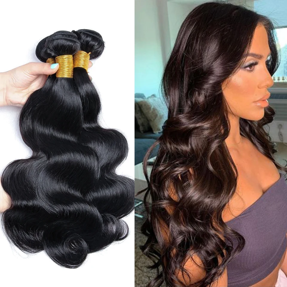 Human Hair Bundles with Closure Big Body Wave 100% Brazilian Virgin Remy Human Hair Bundles with 13×4 Lace Closure Natural Black