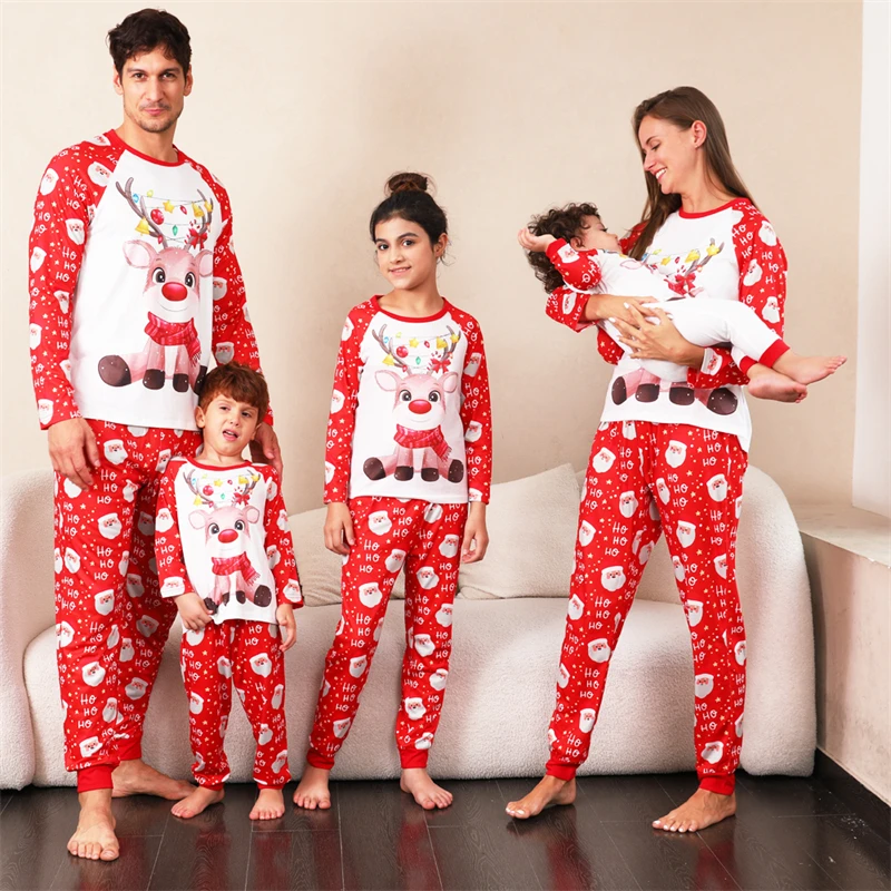 

2024 Cute Deer Christmas Family Matching Pajamas Sets Mommy and Me Xmas Pj's Clothes Father Mother Kids & Baby Pyjamas Outfits