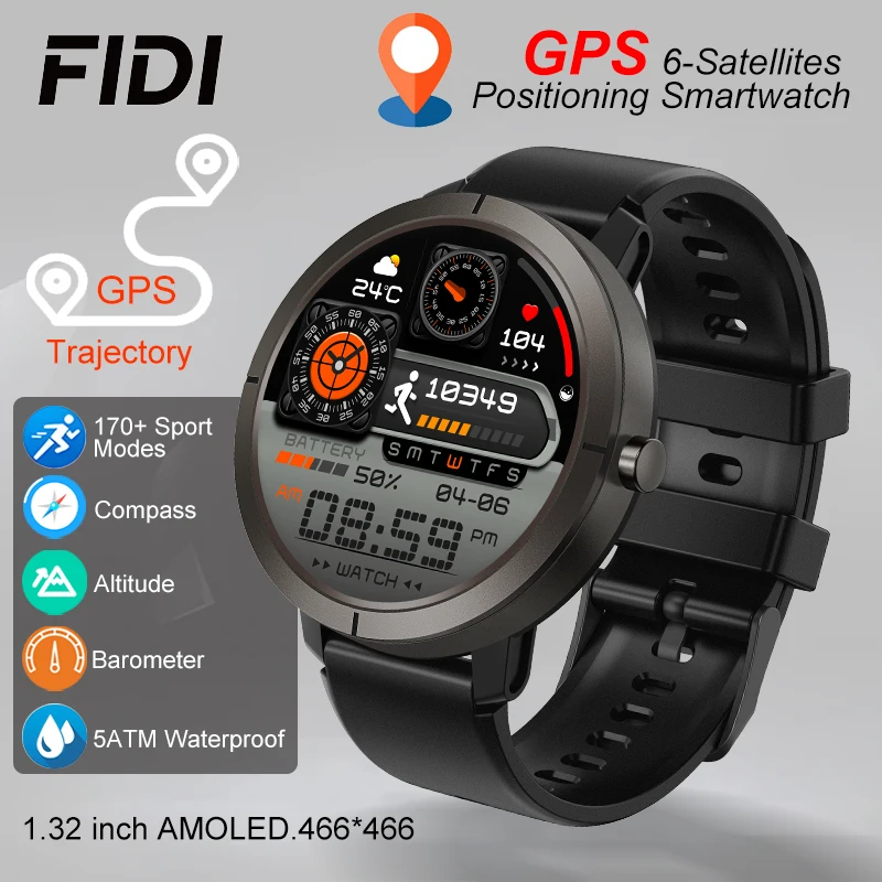 

FIDI GPS 6-Satellites Smart Watch 1.32” HD AMOLED Display Built-in GPS Bluetooth Phone Calls Sports 5ATM Waterproof Smartwatch