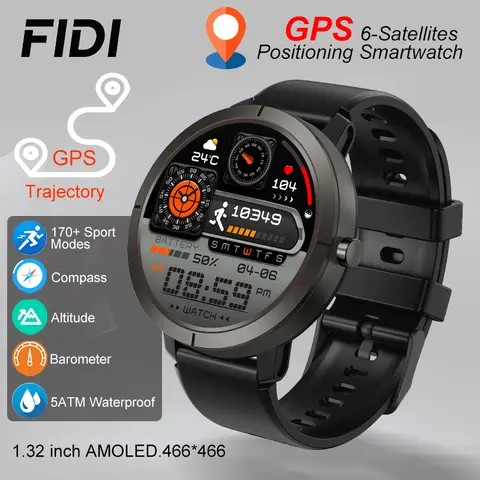 FIDI GPS 6-Satellites Smart Watch 1.32” HD AMOLED Display Built-in GPS Bluetooth Phone Calls Sports 5ATM Waterproof Smartwatch