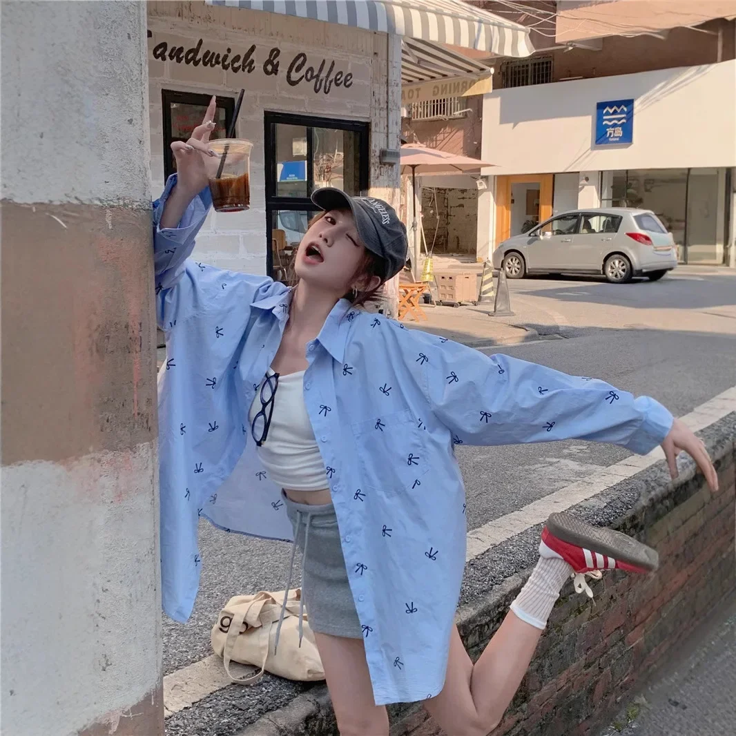 

Real shot 2025 early spring new Korean version loose casual versatile bow printing long-sleeved shirt women's clothing