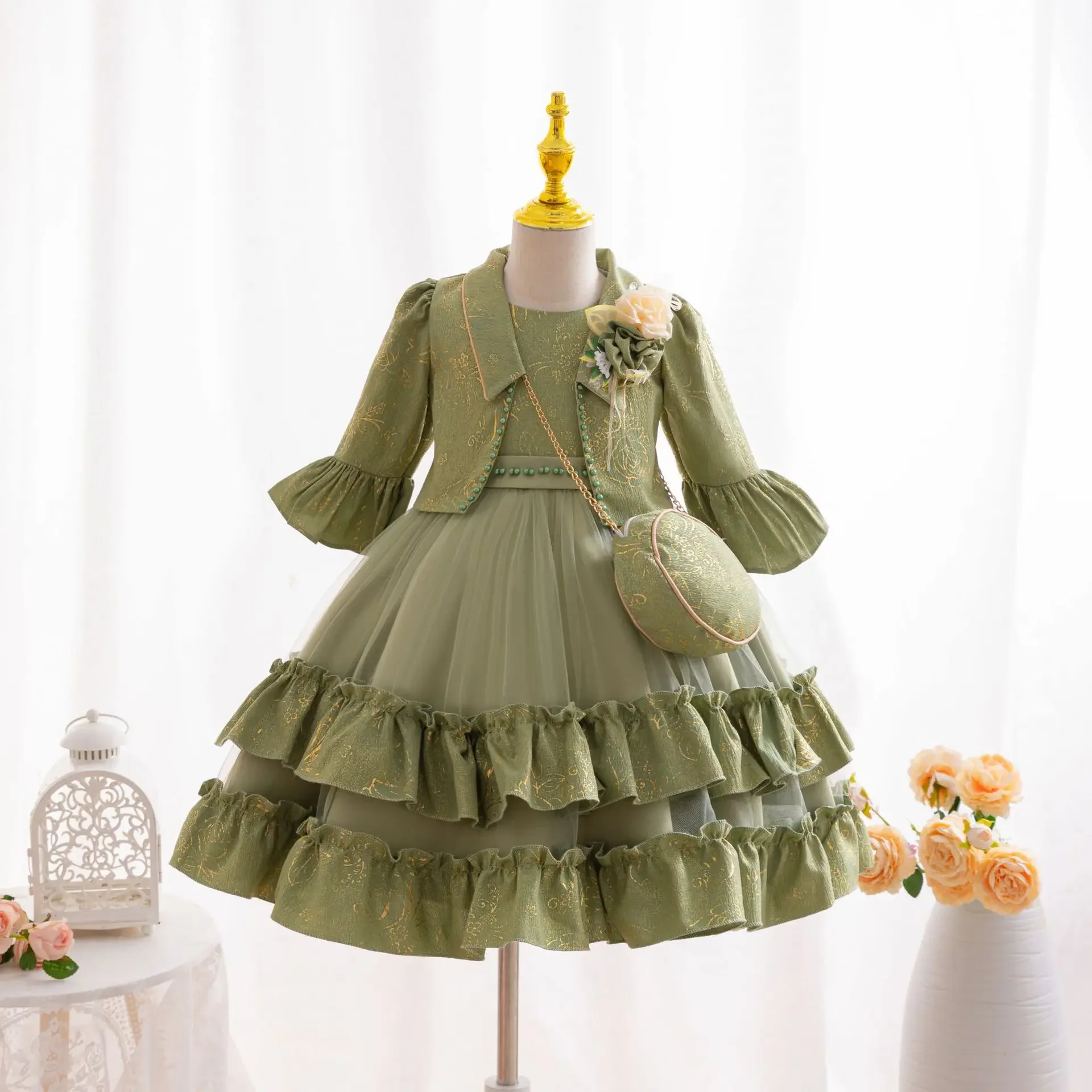Girls Party Dresses with Bag Green Long Sleeve Coat Girl Kid's Dress Lace Princess Children 2 pcs Set 2-8 Years