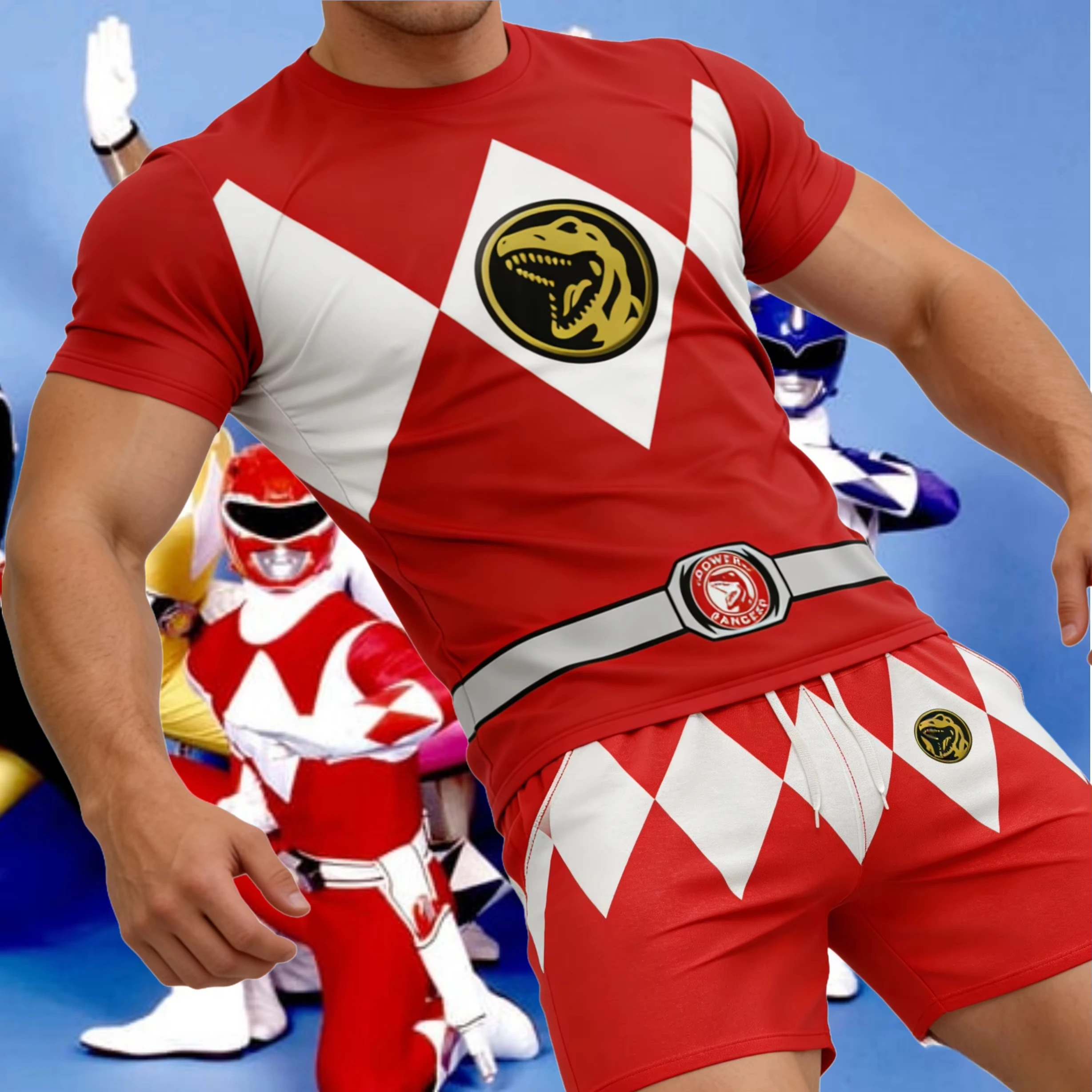 

2026 Summer New Bandai Power Rangers Tee Shorts Men Women Oversized Breathable Quick Drying Fitness Running Sportswear Set ﻿