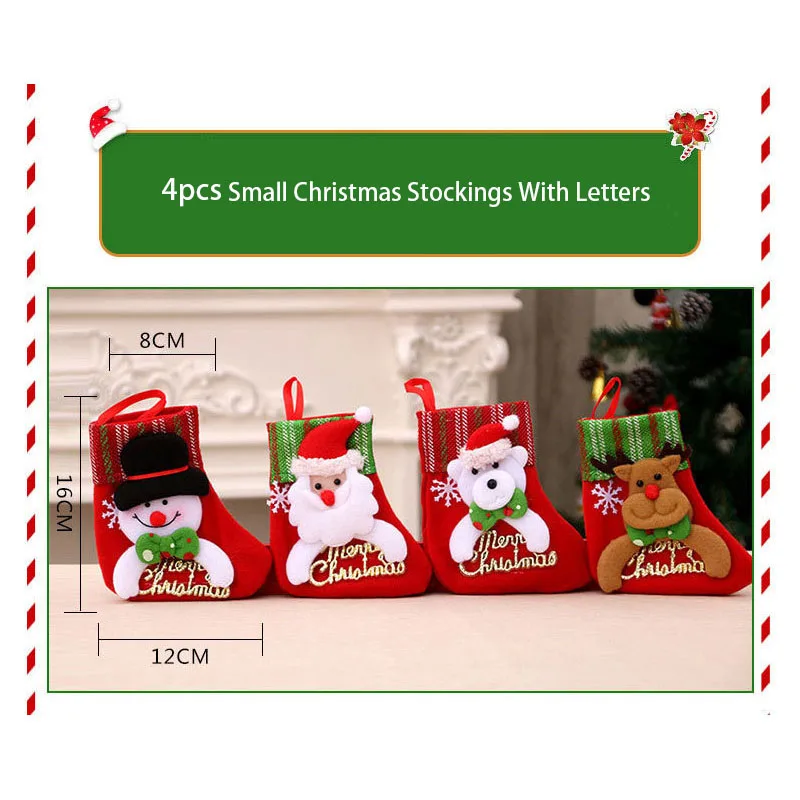 4pcs Small Christmas Stockings Christmas Tree Ornaments Christmas Candy Gift Bag Socks Merry Christmas Santa Claus Snowman Elk B - Image 3