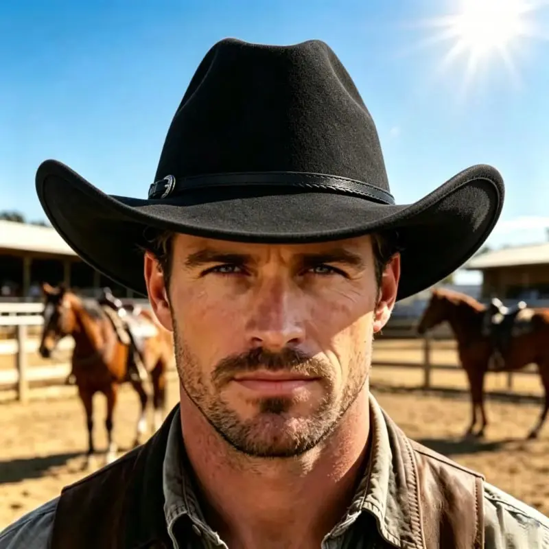 Black Wool Felt Cowboy Hat Flat Brim Western One-top British Style Classic Hat For Horse Riding Party & Outdoor Daily Wear