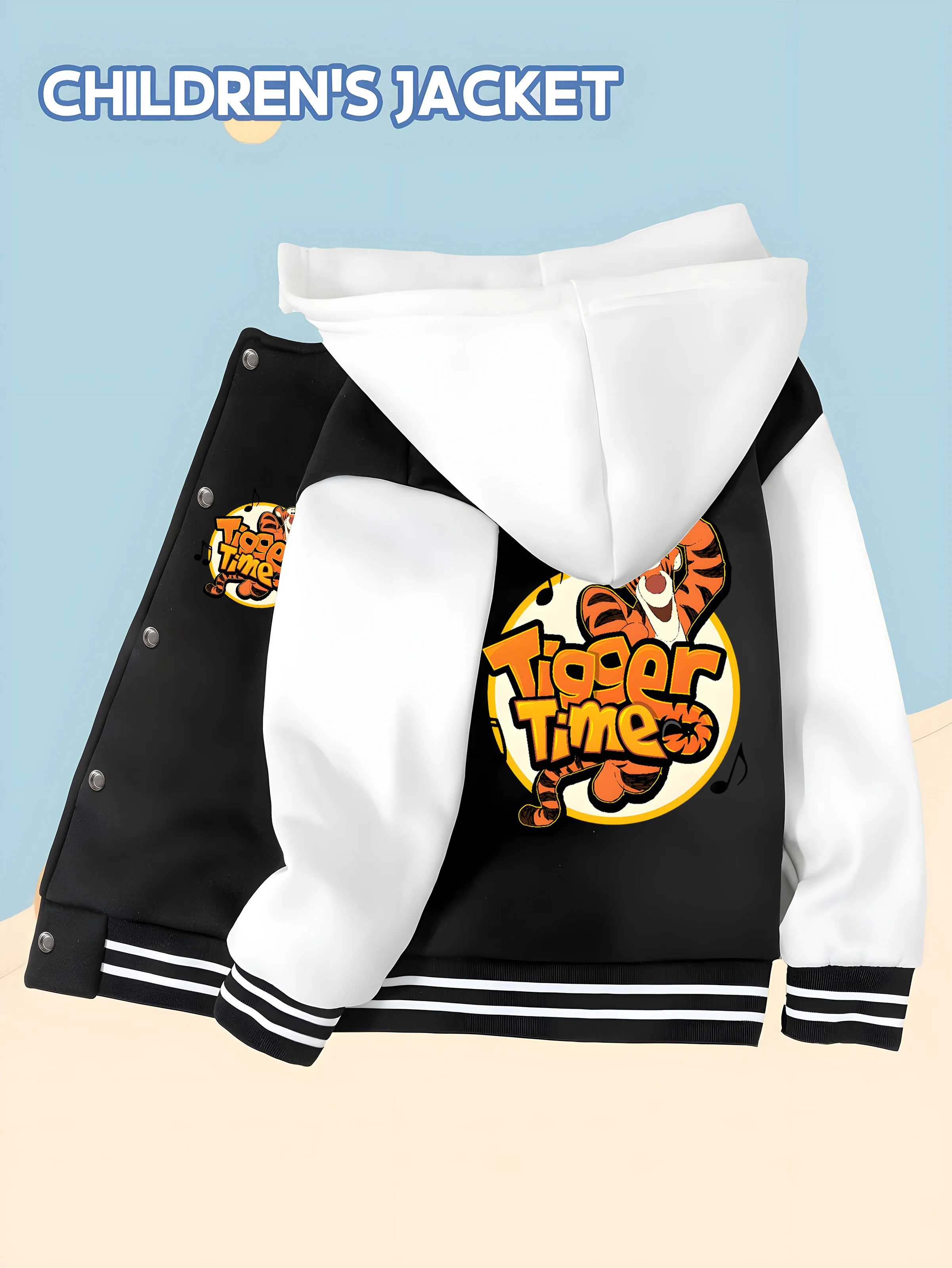 

MINISO Disney Boys' Baseball Jacket - Tigger "Tigger Time" Print, Double-Sided Graphic Fabric for Comfort and Style