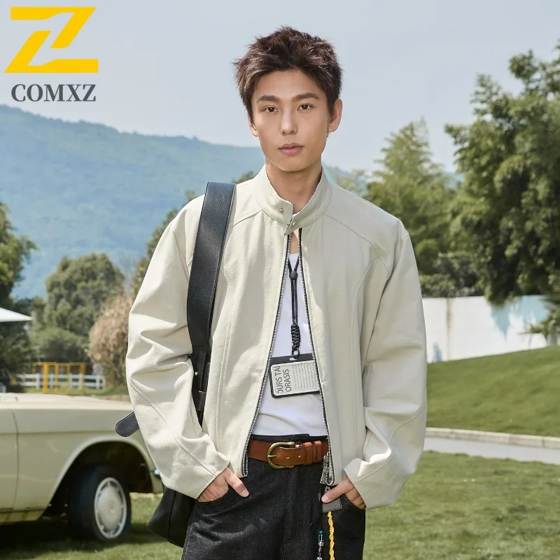 

COMXZ 2025 Plaid color block Retro Harrington Jacket Men Autumn New Stand Collar Loose Fit Short Silhouette Trendy Casual Coat