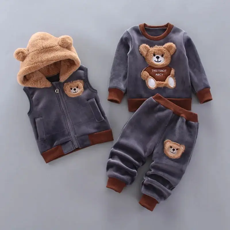 Korean version new plush and thick winter long sleeved set cartoon casual baby boy clothing double-sided plush baby clothing3PS