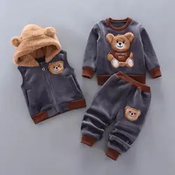 Korean version new plush and thick winter long sleeved set cartoon casual baby boy clothing double-sided plush baby clothing3PS