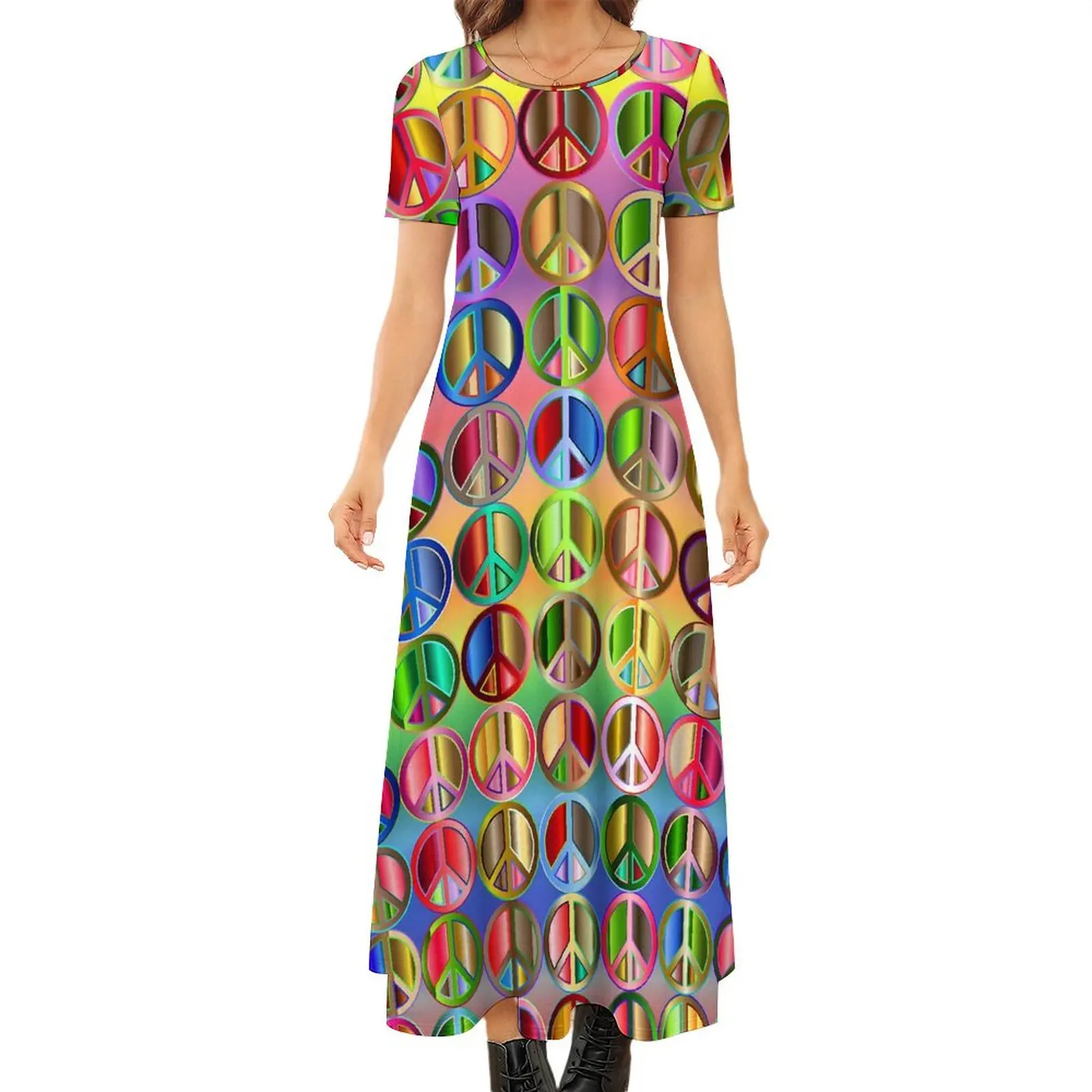 

Neon Peace Sign Dress Colorful Print Beach Maxi Dress Female Short Sleeve Korean Fashion Bohemia Long Dresses Big Size