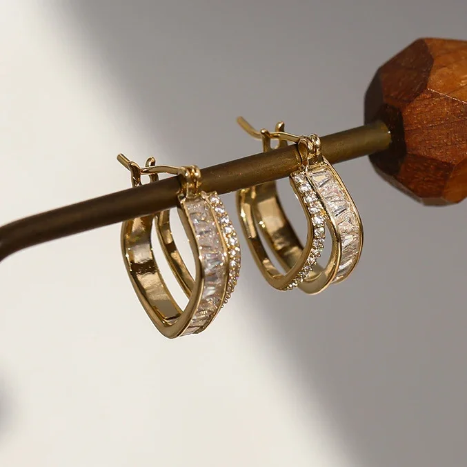 

Real 925 Sterling Silver Zircon Square 18K Gold Hoop Earrings for Women Trendy Geometric Fine Jewelry Light Luxury Accessories