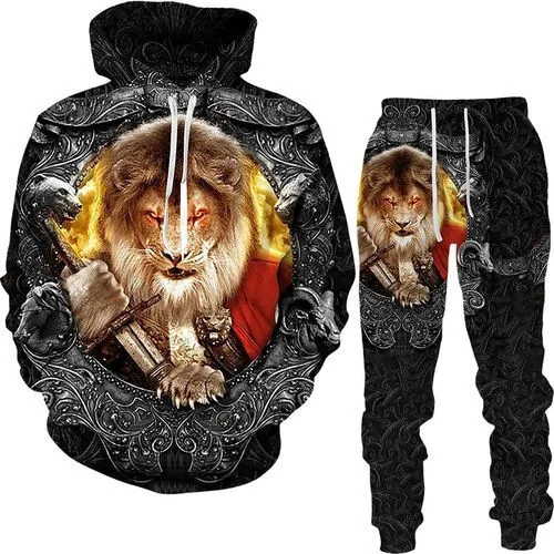 3D tigre e lobo impresso com capuz e calças para homens e mulheres, conjunto de treino, sportwear, roupas legais, animais, outono, inverno, 2 peças