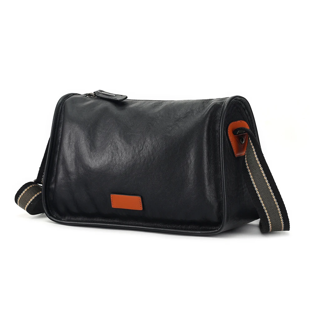 Sac à bandoulière rétro en cuir véritable pour homme, couche supérieure en cuir de vachette, sac à main initié à la mode, noir