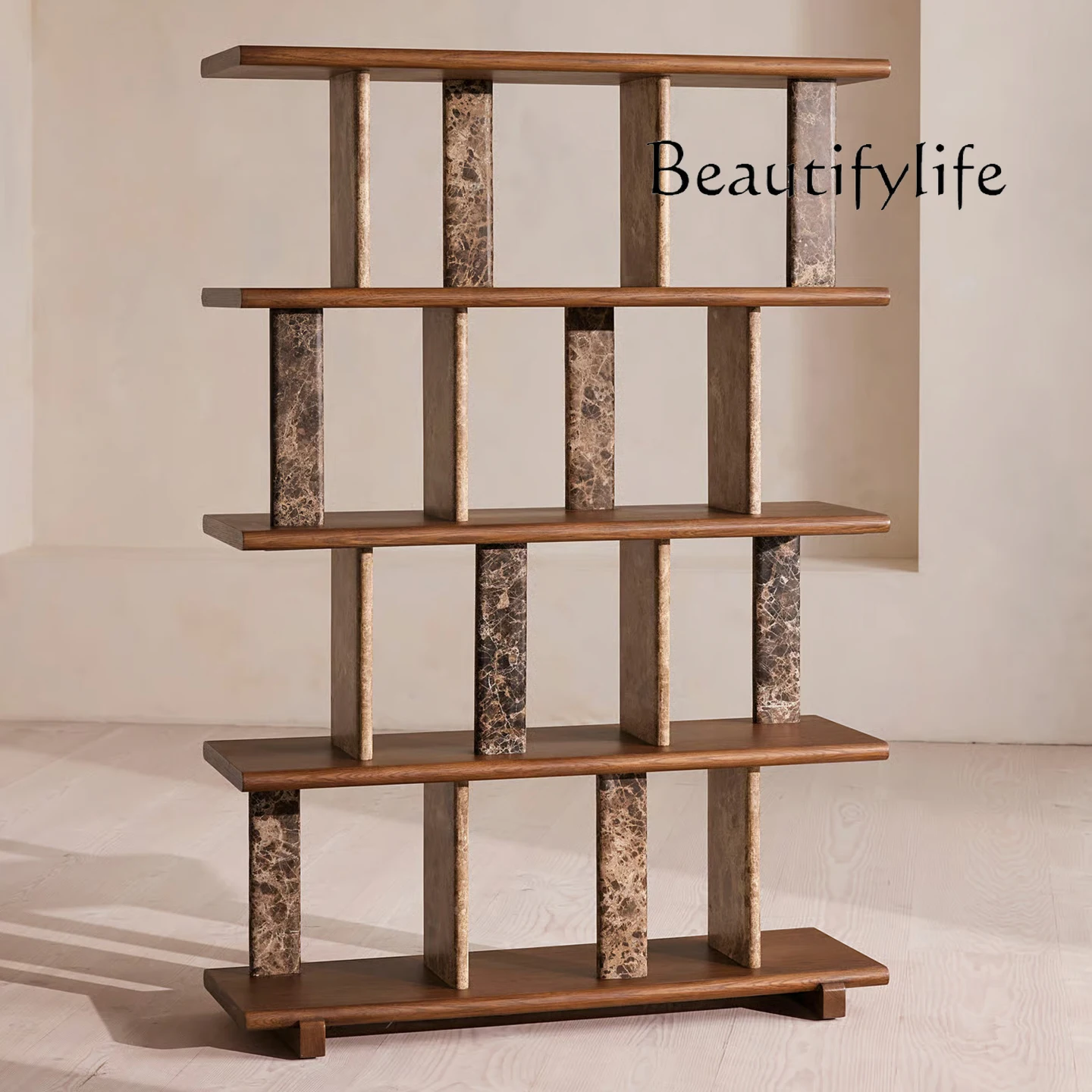 Italian solid wood bookshelf, multi-layer floor-to-ceiling study, antique natural marble living room, high-end display shelf