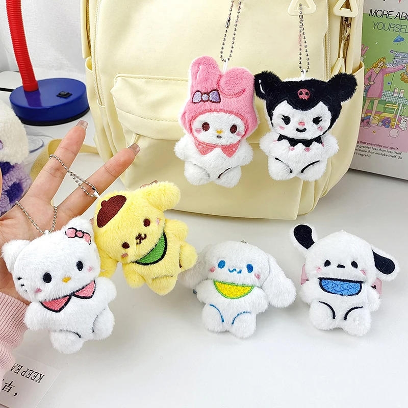 Cartoon Sanrio Plush Toy Hello Kitty Kuromi Melody Pendant Soft Stuffed Doll Plushies Keychain Car Key Ring Backpack Bag Decor