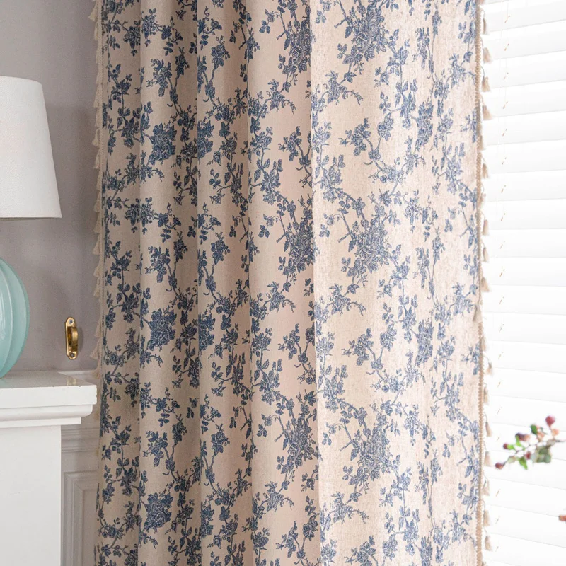 Vintage Floral Cotton Linen Curtains Farmhouse Tassel Trim Rod Pocket Ready Made Window Panels For Living Room Bedroom