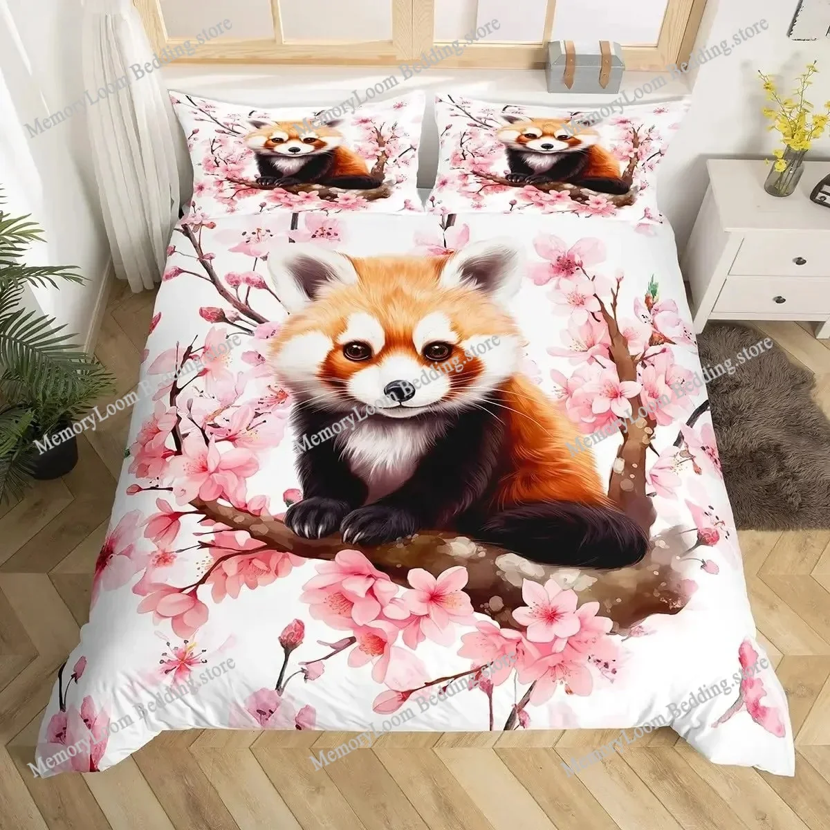 

Cute Red Panda Duvet Cover King Size,Pink Love Stars Bedding Set Kawaii Cartoon Animals Comforter Cover Girly Sweet Quilt Cover