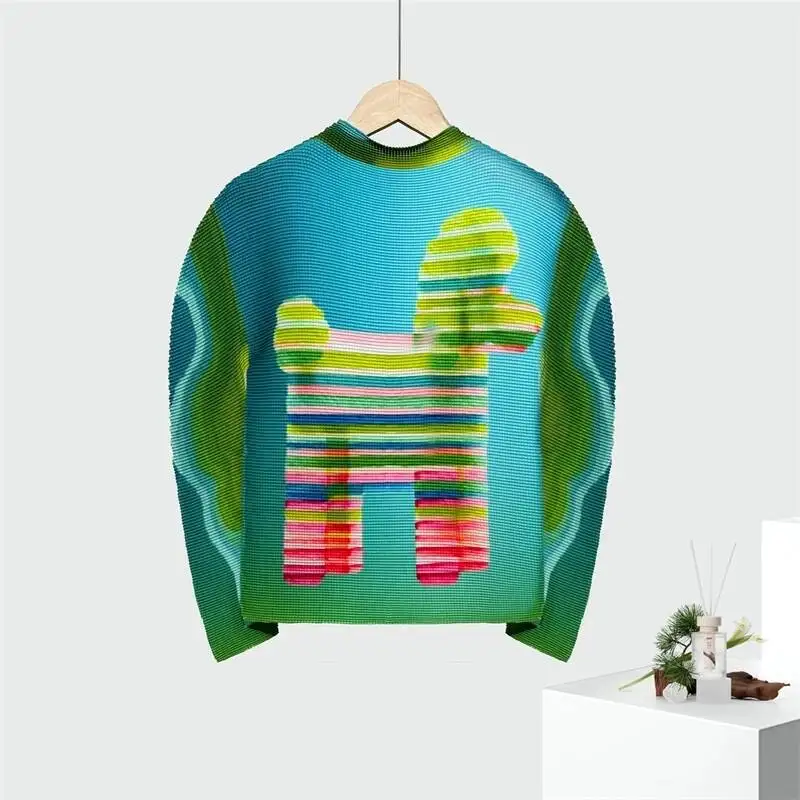 Pleated Women's Printting T-shirt Inner Wear 2026 New Elastic Slimming Stand Collar Long Sleeve Pullover Top 2IDVD