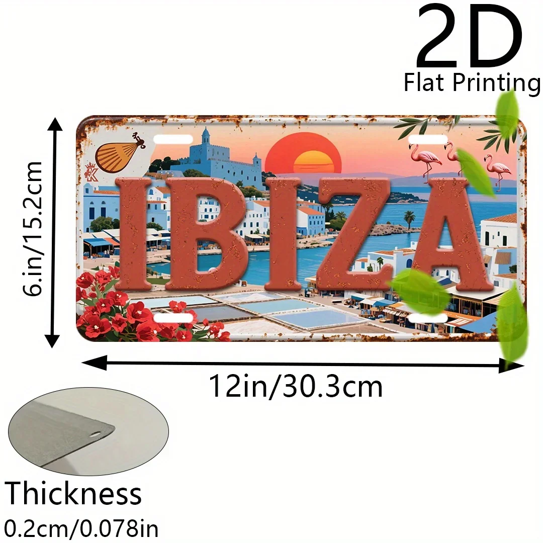 Retro European Travel Souvenir Metal Tin Sign, 2D Flat Printing Ibiza Spain Coastal Flamingo Sunset License Plate Wall Decor