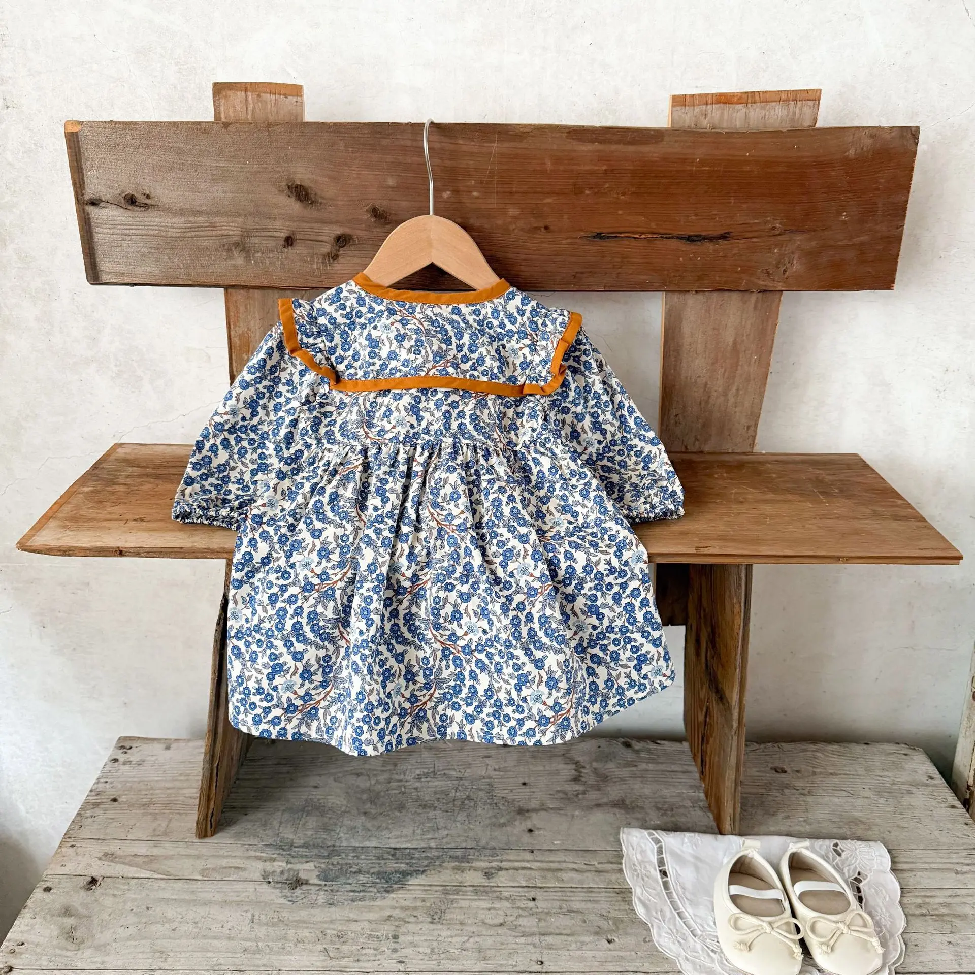 Ins Korean Version Girls Baby Pure Cotton Contrasting Edge Lapel Floral Dress for Spring and Autumn Versatile Dress for Children