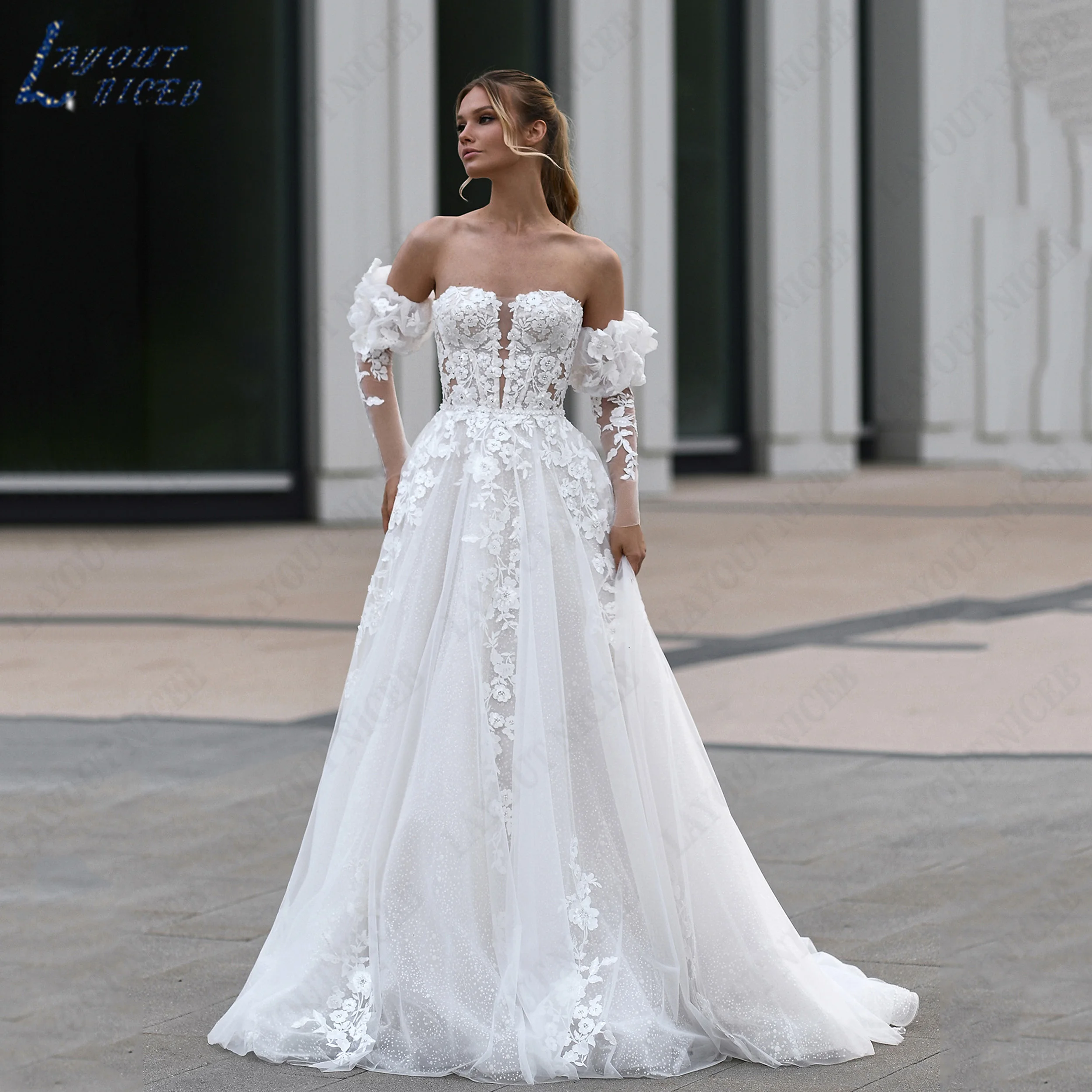 LAYOUT NICEB Customied Tulle Strapless A Line Bridal Gown Puff Sleeve Off The Shoulder Wedding Dress Vestido De Novia For Bride