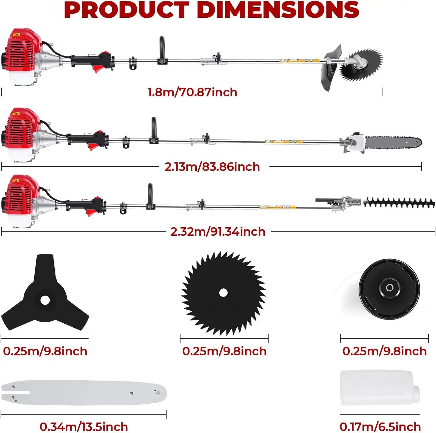 58CC Gas Pole Saw 6-In-1, String Trimmer Brush Cutter Hedge Trimmer, Garden | 2-Cycle Yard Tool, For Grass, Weeds, Branches
