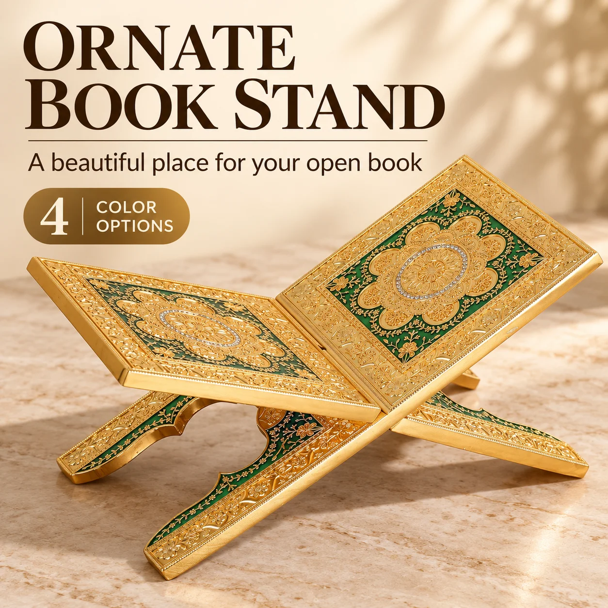 Decorative Quran Book Stand Rehal Gold Tone Floral Book Rest, Detachable Reading Holder for Bible and Books