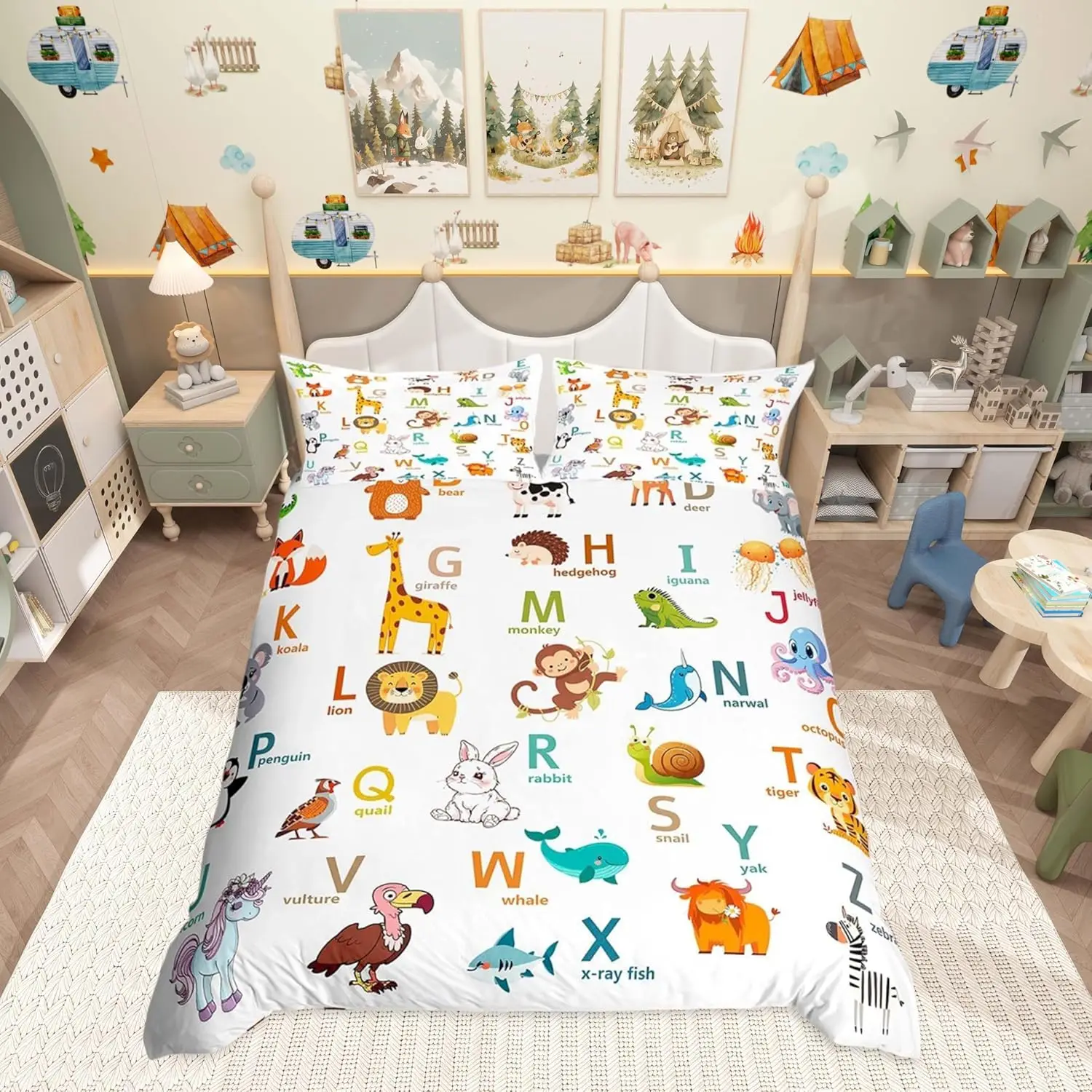 ABC Learning Alphabet Duvet Cover Set Single Size Kids Educational Bedding Set With 1 Pillowcase Cartoon Animals