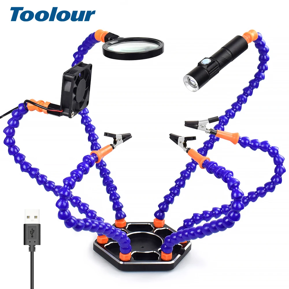 Toolour Helping Hand Soldering Third Hands with 6 Flexible Arms LED Flashlight Magnifying Glass Welding Smoke Exhaust Fan