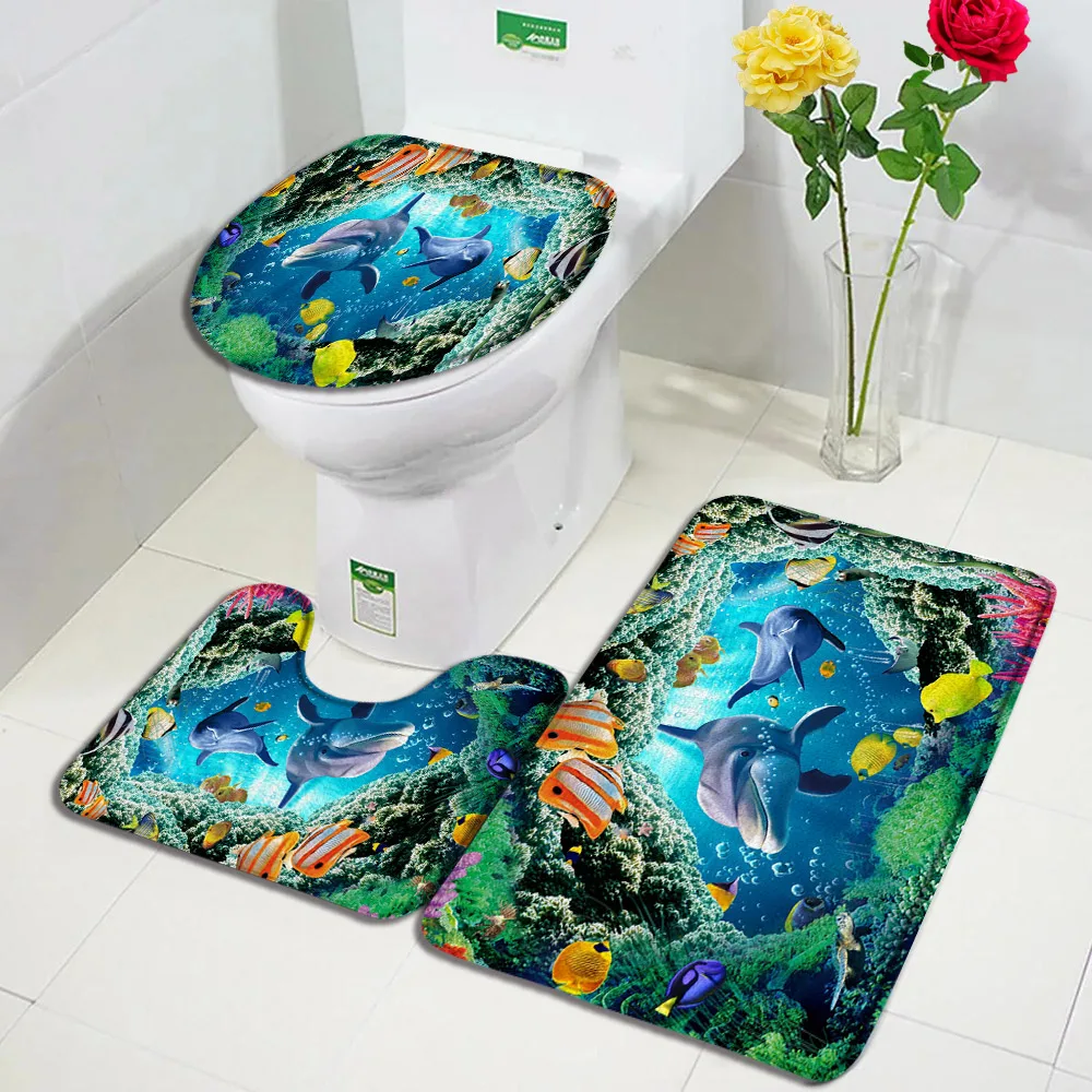 Funny Dolphin Bath Mat Set Sea Turtle Fish Animal Underwater Scenery Children Bathroom Decor Carpet Non-Slip Rug Toilet Lid Mats