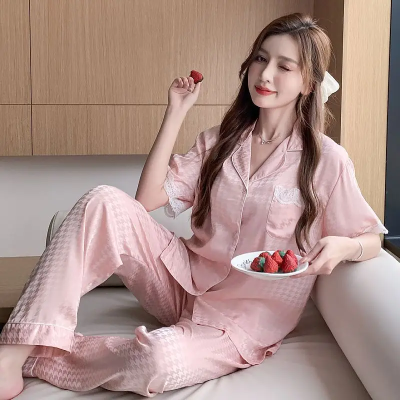 Summer Pajamas Women's Ice Silk Pijama Mujer Short Sleeves Casual Luxury Loungewear Women Light and Breathable