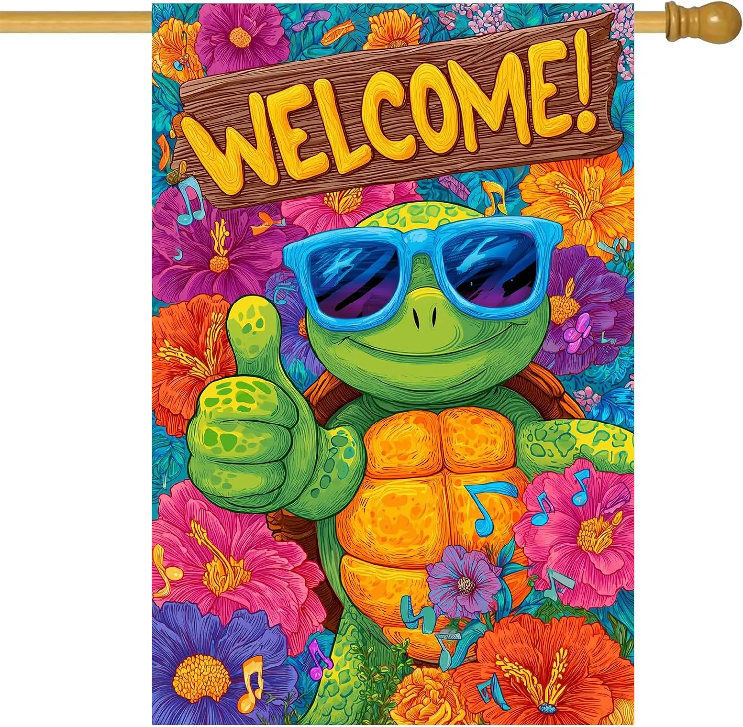 Cool Turtle House Flag 28 x 40 Inch Double Sided Spring Summer Garden Flag with Sunglasses Welcome Sign and Floral Music Des yyi