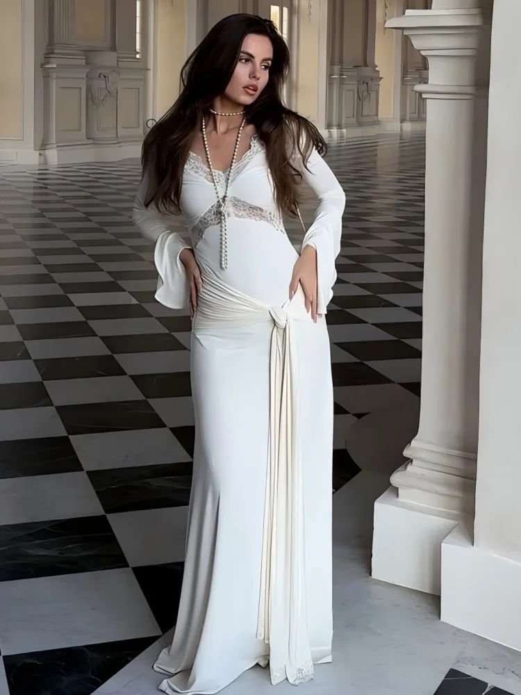 Articat elegante manga longa renda retalhos estiramento apertado vestido longo feminino sexy com decote em v bodycon festa vestido de noite outono new2025