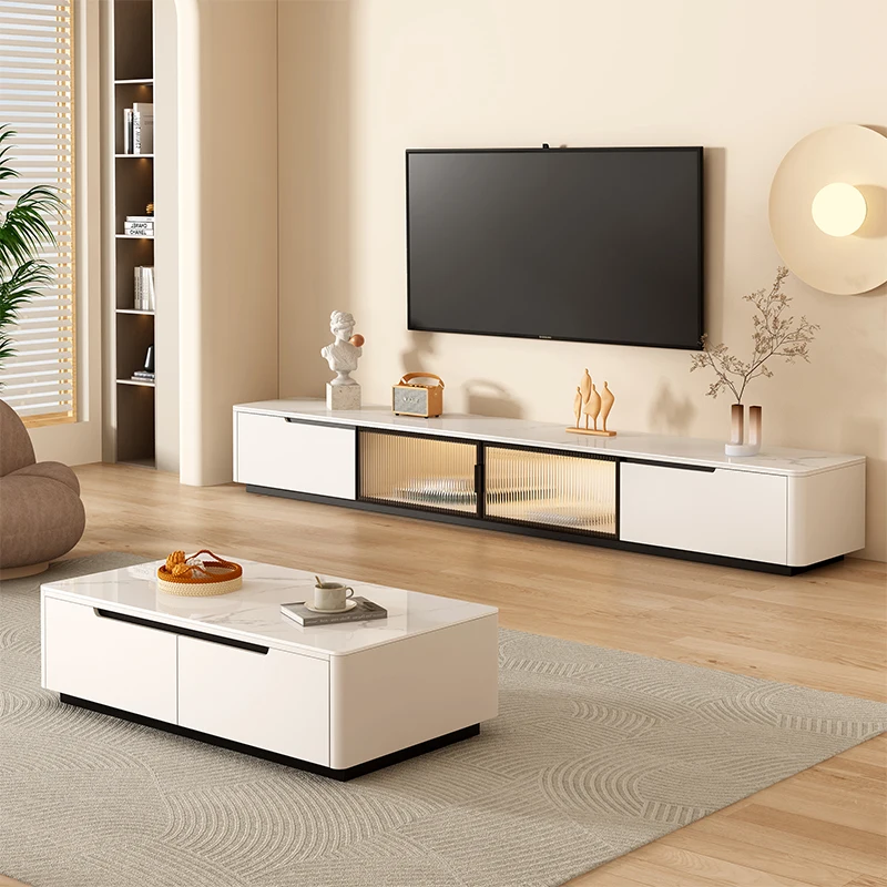 

TV cabinet living room 2024 new household small apartment solid wood rock slab coffee table combination floor-to-wall