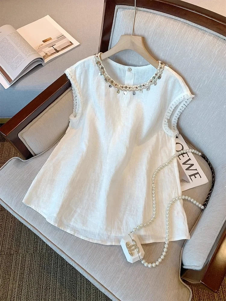 

n Sle ell Bead Embellied Svel Linen Vest Women's Summer Top Outlet Brand Commute Loose Fit Regular Length