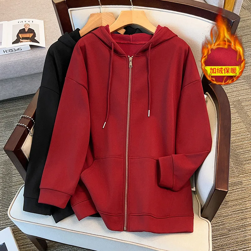 175Kg Plus Size Women's Bust 170 Autumn Winter Loose Fleece Cardigan Hooded Jacket Black Wine Red 5XL 6XL 7XL 8XL 9XL 175KG