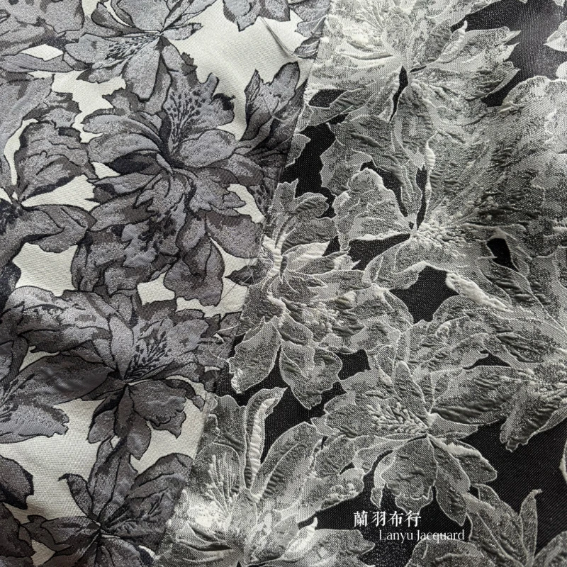Jacquard Fabric for Per Meter Jacket Clothing Designer Grey White Black Flowers Sewing Cloth for Diy Polyester Material
