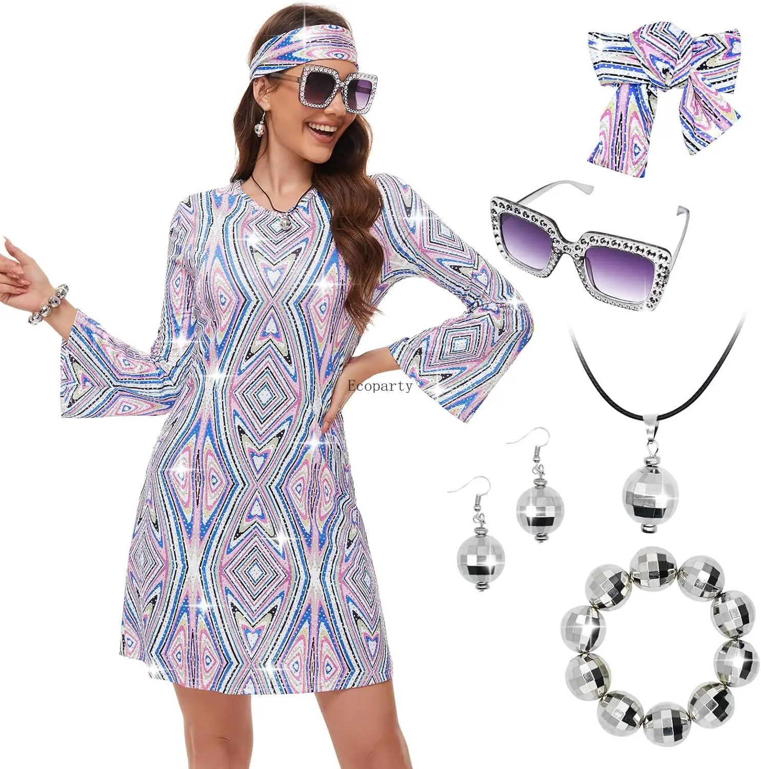 Disfraz vestido de discoteca feminino dos anos 70, fantasia hippie, colar, brincos, óculos, roupas de aniversário dos anos 60, 70, vestido brilhante de baile dos anos 1970