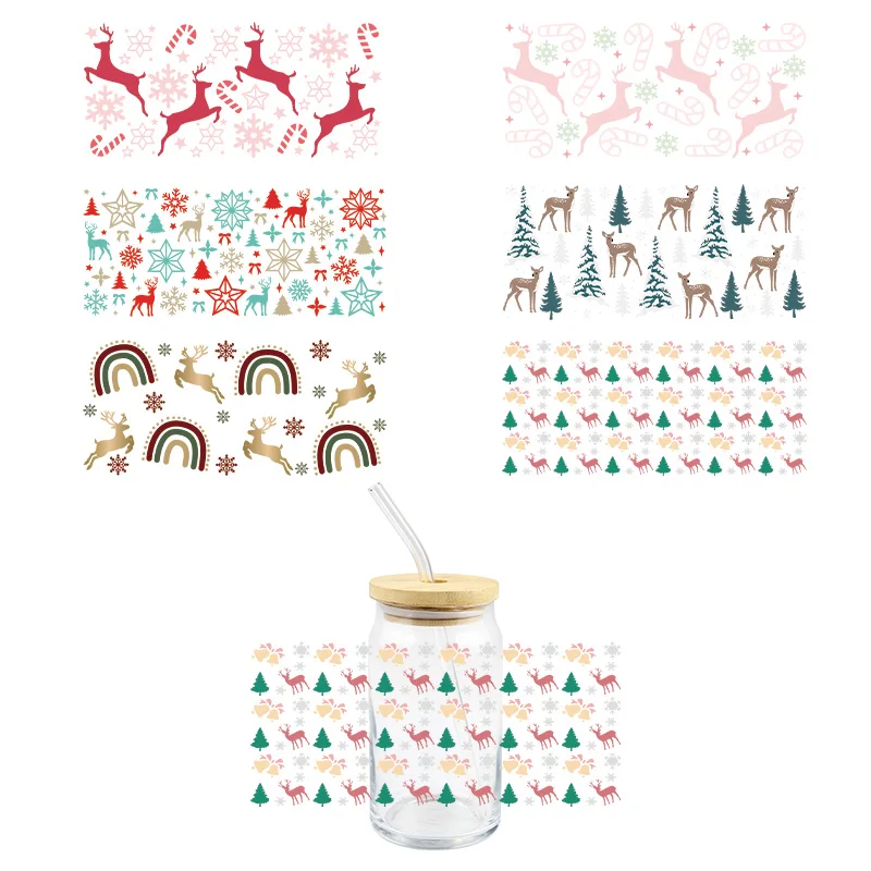 Christmas Elk Deer UV DTF Wrap Transfer Stickers Cartoon Cute Deisgn Waterproof DTF Wrap For Glasses Cups Bottles Decal