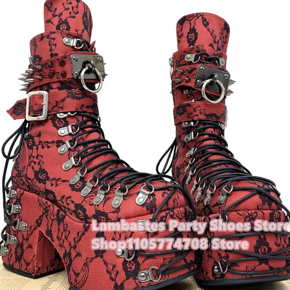 Punk Style Round Toe Lace Belt Buckle Rivet Super High Heels Women Round Toe Platfrom Lace Up Strappy Metal Decor Short Boot