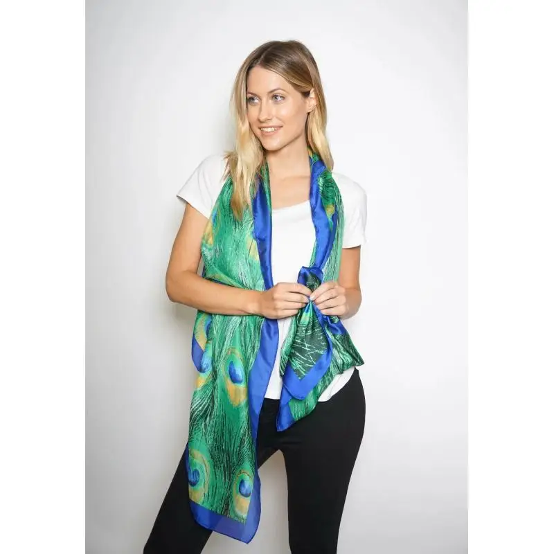 Women Silk Satin Scarf In Rich Vivid Colours With Peacock Feather Design Summer Sunscree Shawl Autumn Winter Travel Wraps