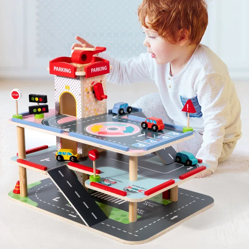 Children's Toys Wooden Puzzle Large  Three-layer Car Parking Lot Assembled Track Building Blocks Set Constructor Montessori Gift