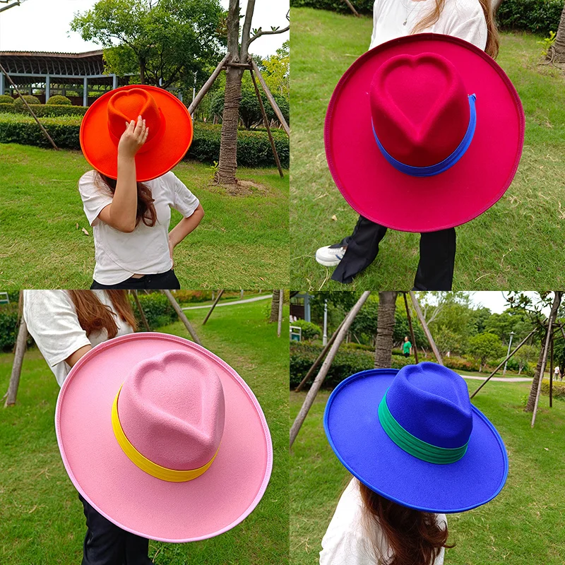 Love Heart Shape Top Fedora Hat New Beige Big Brim Raised Jazz hat Winter Gentlemen Hat Women Panama hat luxury шапка