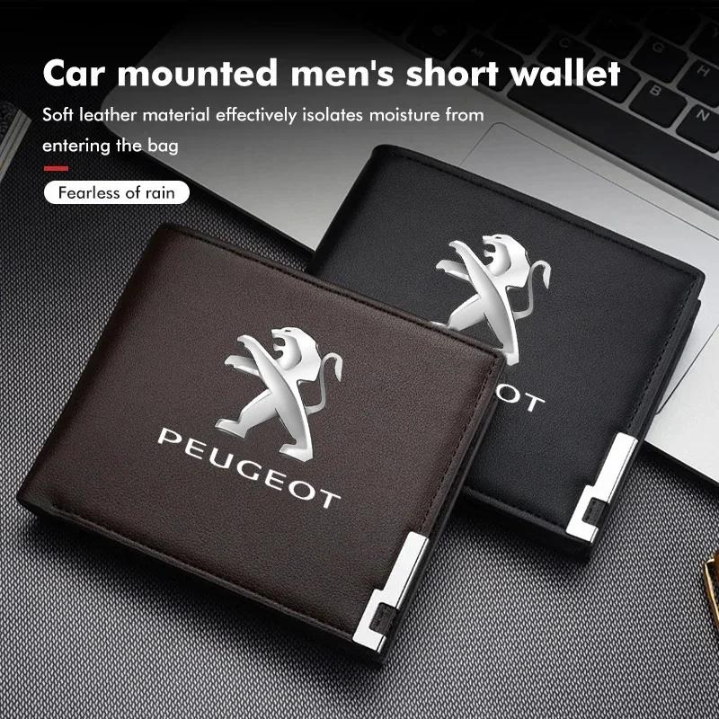 Leather Car Logo Short Wallet Men Credit Card Storage Bag For Peugeot 207 3008 206 208 308 307 407 Key Bag Interior Accessories