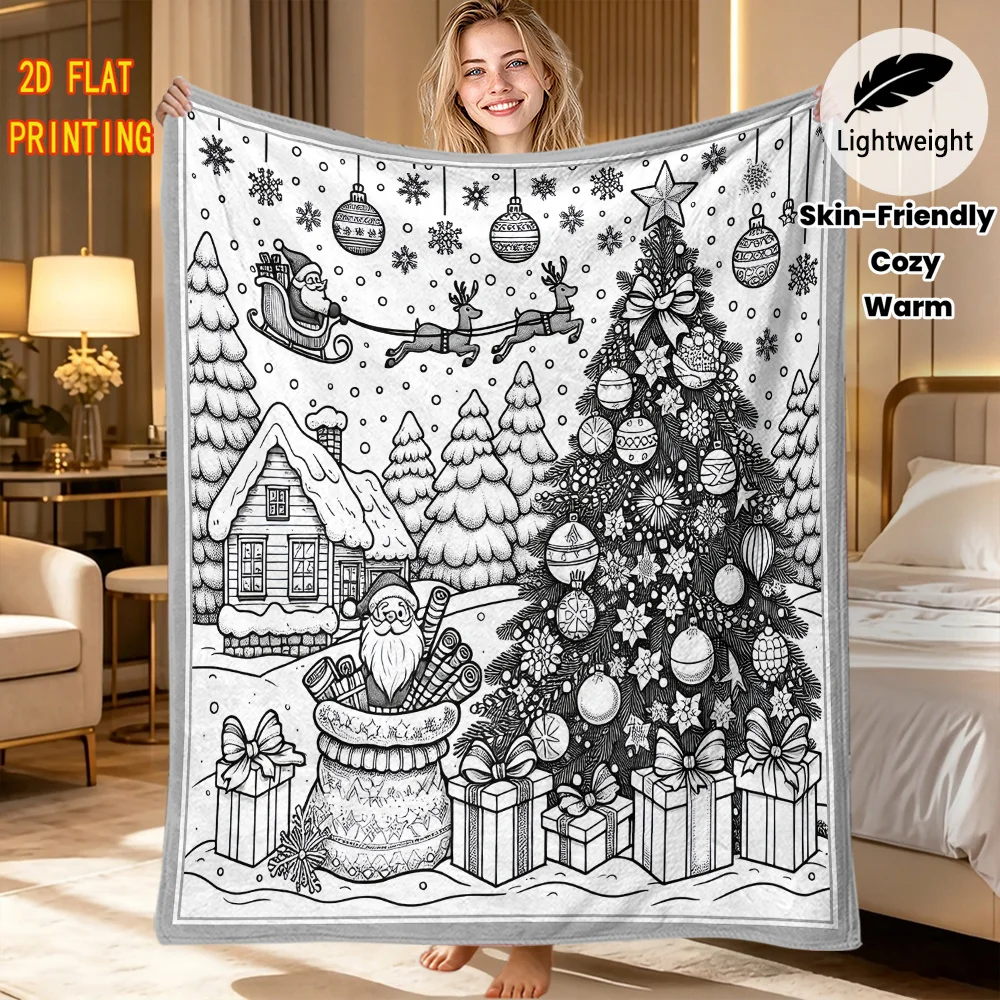 Art Hobby Gift Blanket Santa Snowflake Outline DIY blanket Reusable Flannel Blanket Kids Adults Xmas Home Use